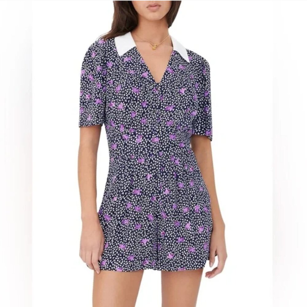 Maje Black Romper with Purple Floral Print and White Collar